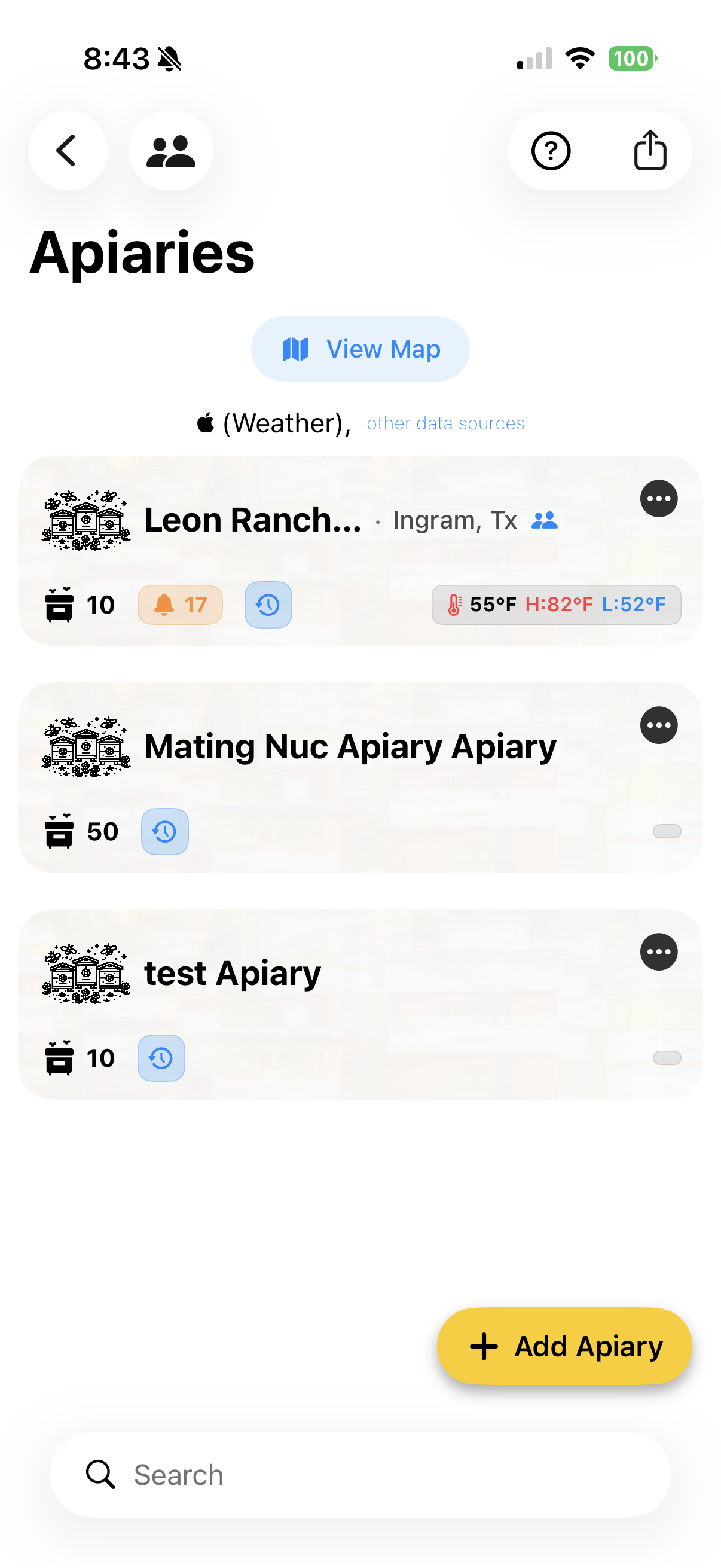 BeeKeeperVoice apiaries list with weather data and hive counts