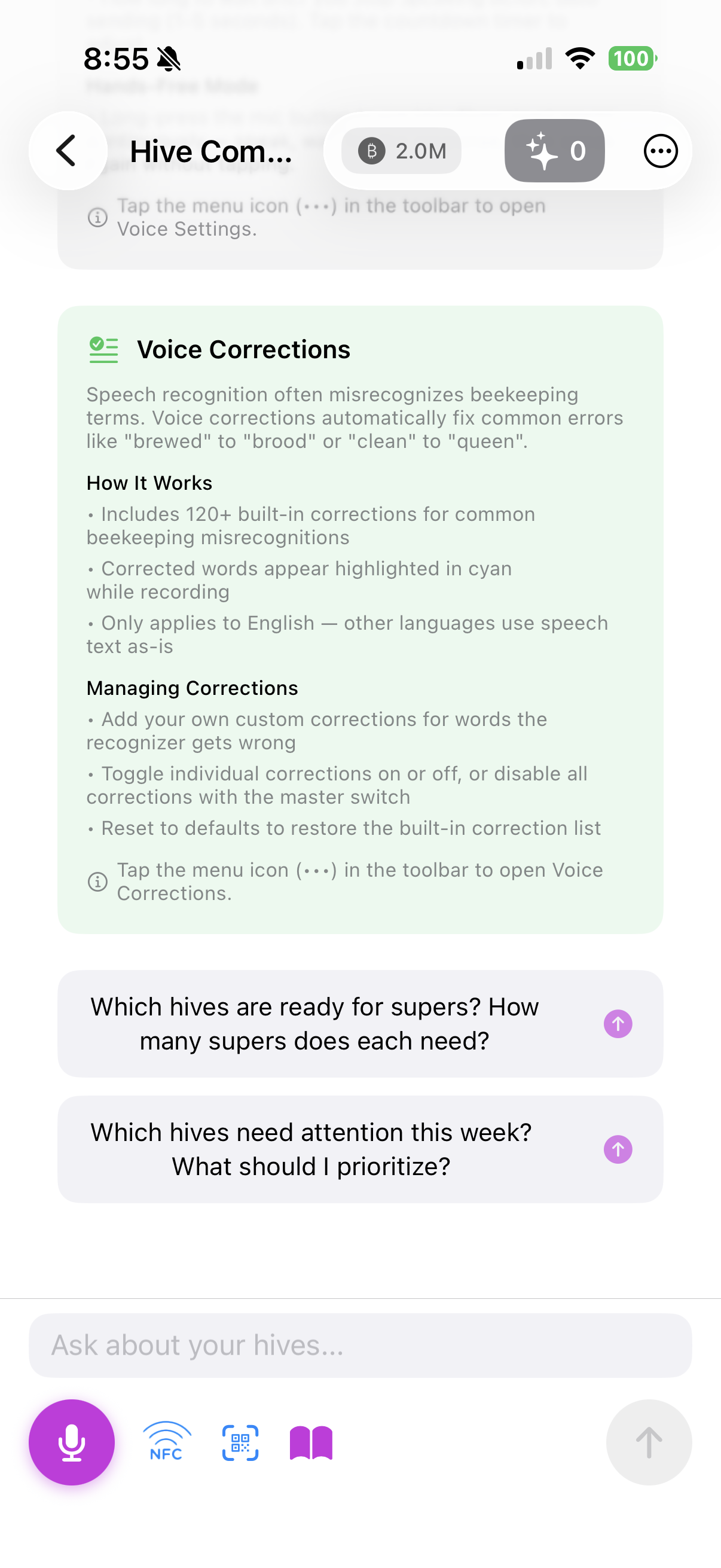 Hive Command AI assistant with voice corrections and natural language queries