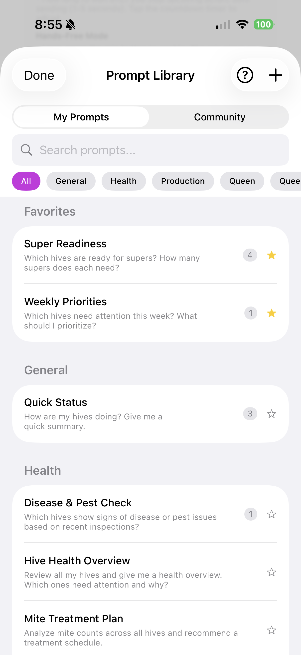 Prompt Library with community prompts for health, production, and queen management