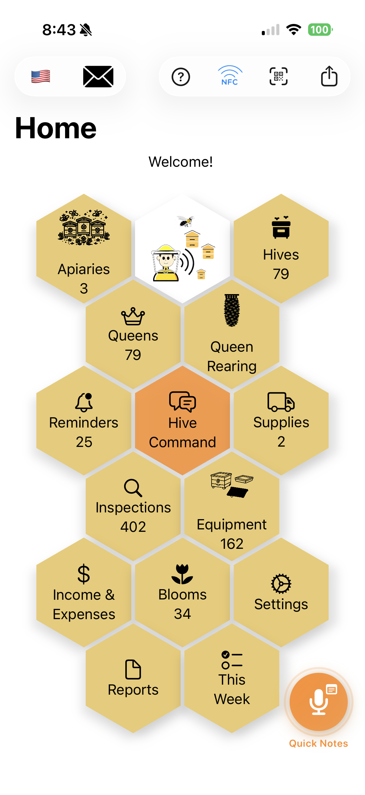 BeeKeeperVoice home screen with honeycomb navigation showing all features