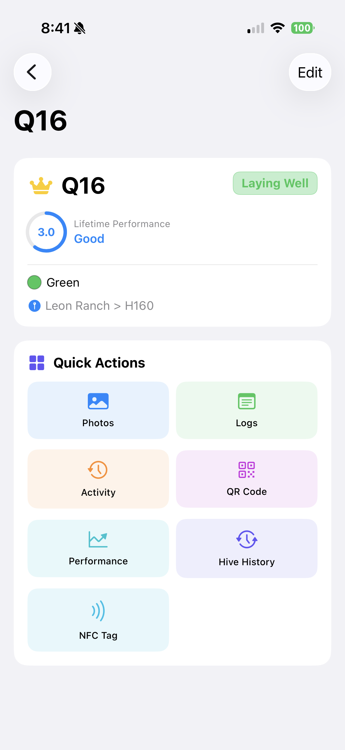 Queen detail screen with quick actions